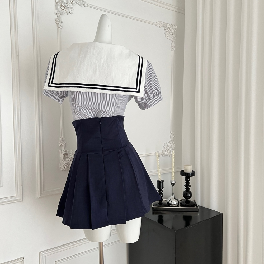 Pleated navy collar tops college style summer skirt a set
