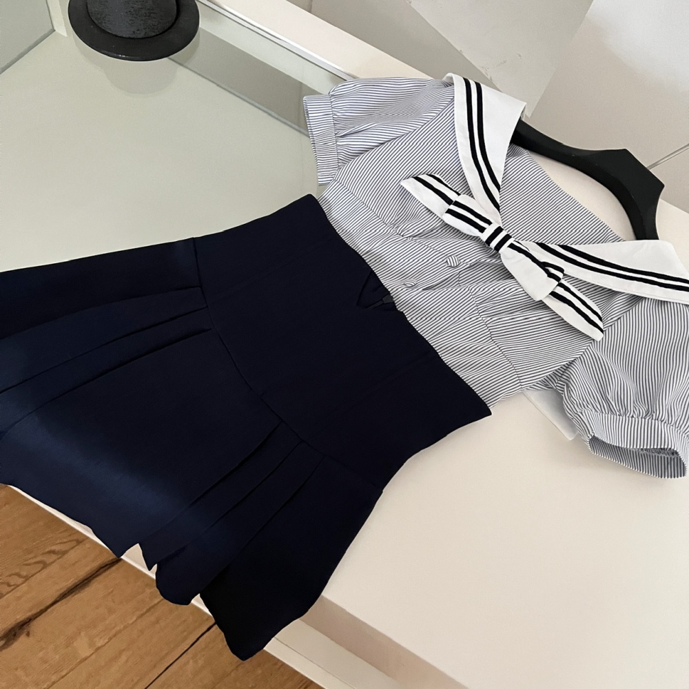 Pleated navy collar tops college style summer skirt a set