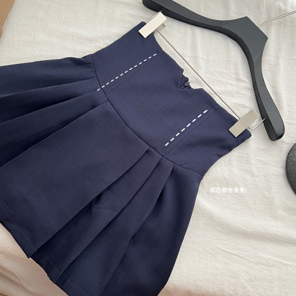 Pleated navy collar tops college style summer skirt a set
