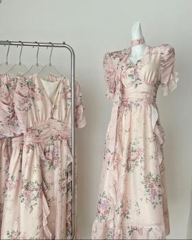 Streamer pinched waist dress pink chiffon long dress