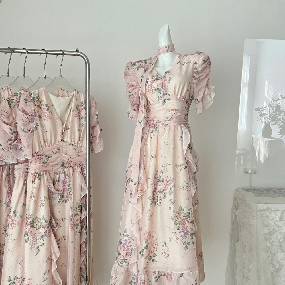 Streamer pinched waist dress pink chiffon long dress