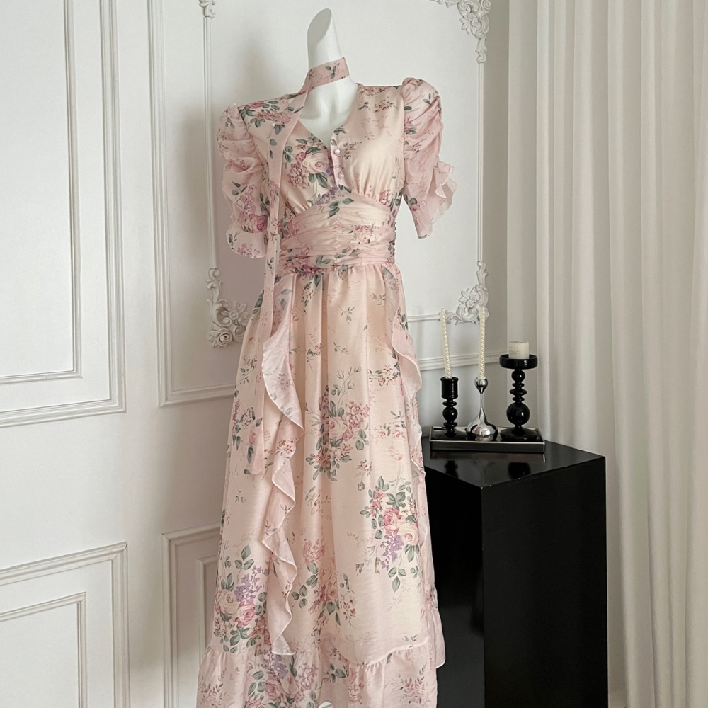 Streamer pinched waist dress pink chiffon long dress