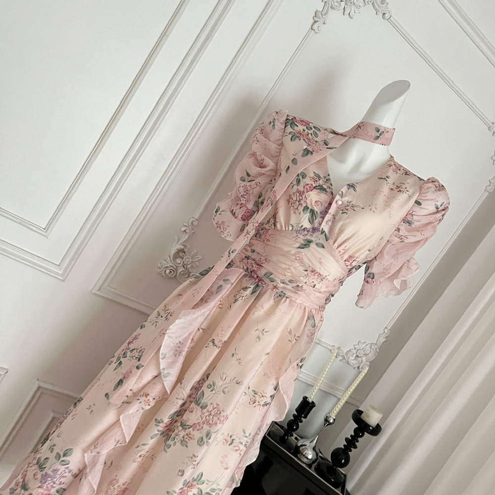 Streamer pinched waist dress pink chiffon long dress