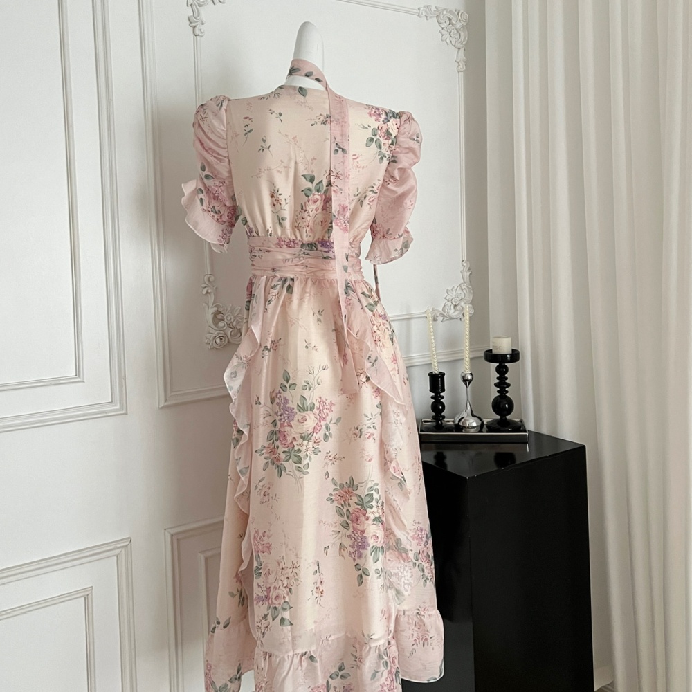 Streamer pinched waist dress pink chiffon long dress