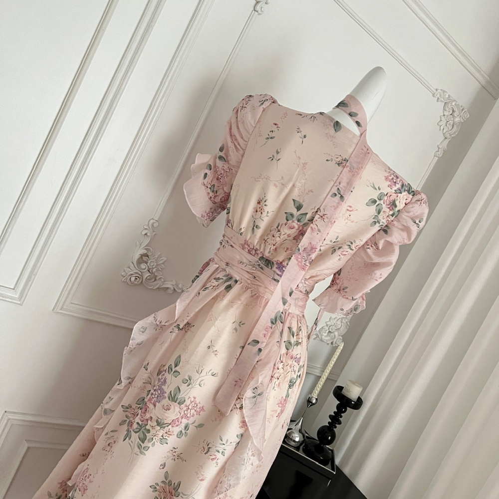 Streamer pinched waist dress pink chiffon long dress
