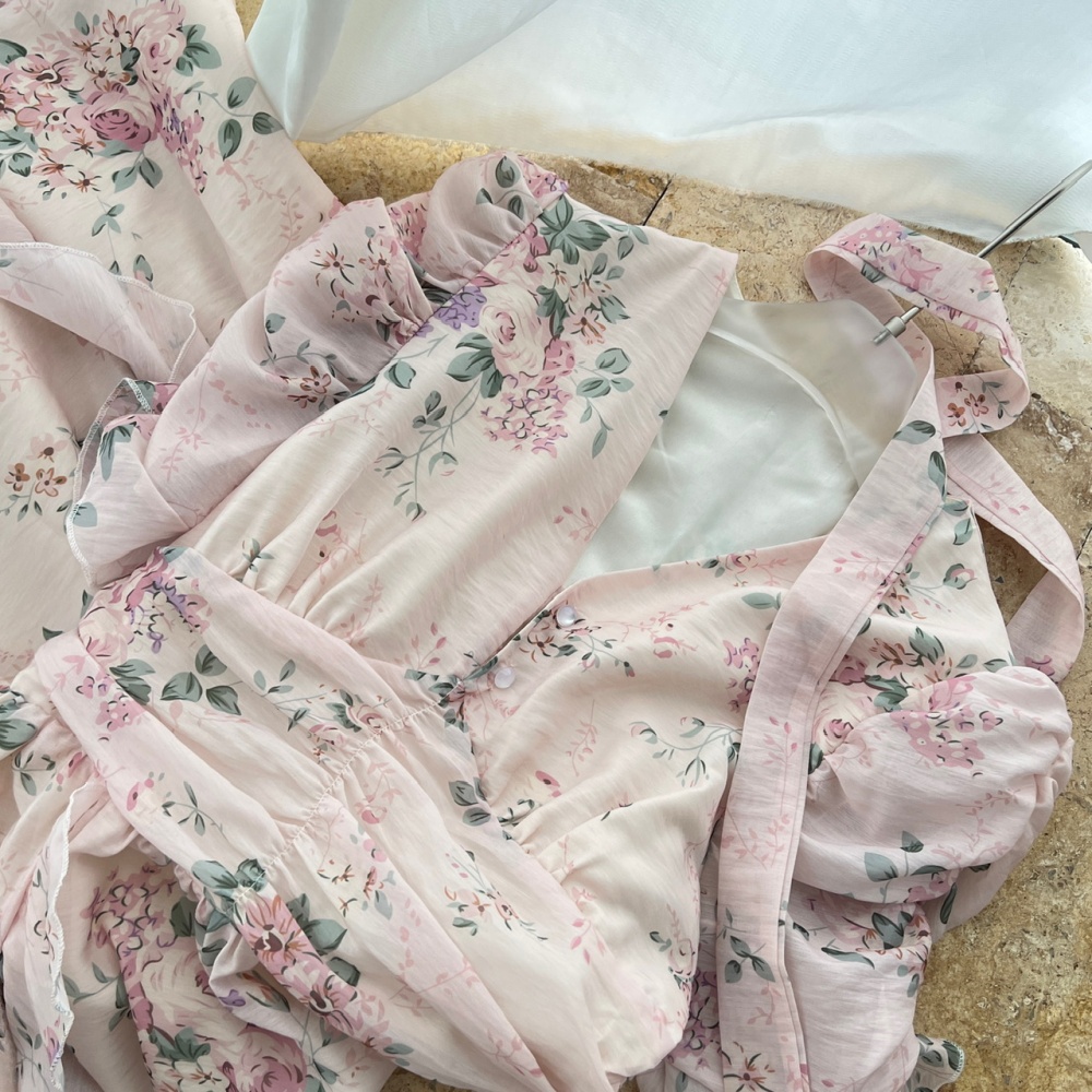 Streamer pinched waist dress pink chiffon long dress