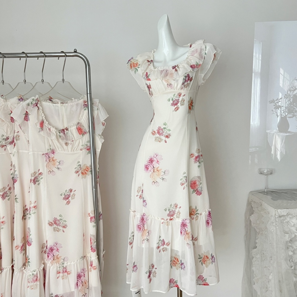 Floral France style tender romantic long dress