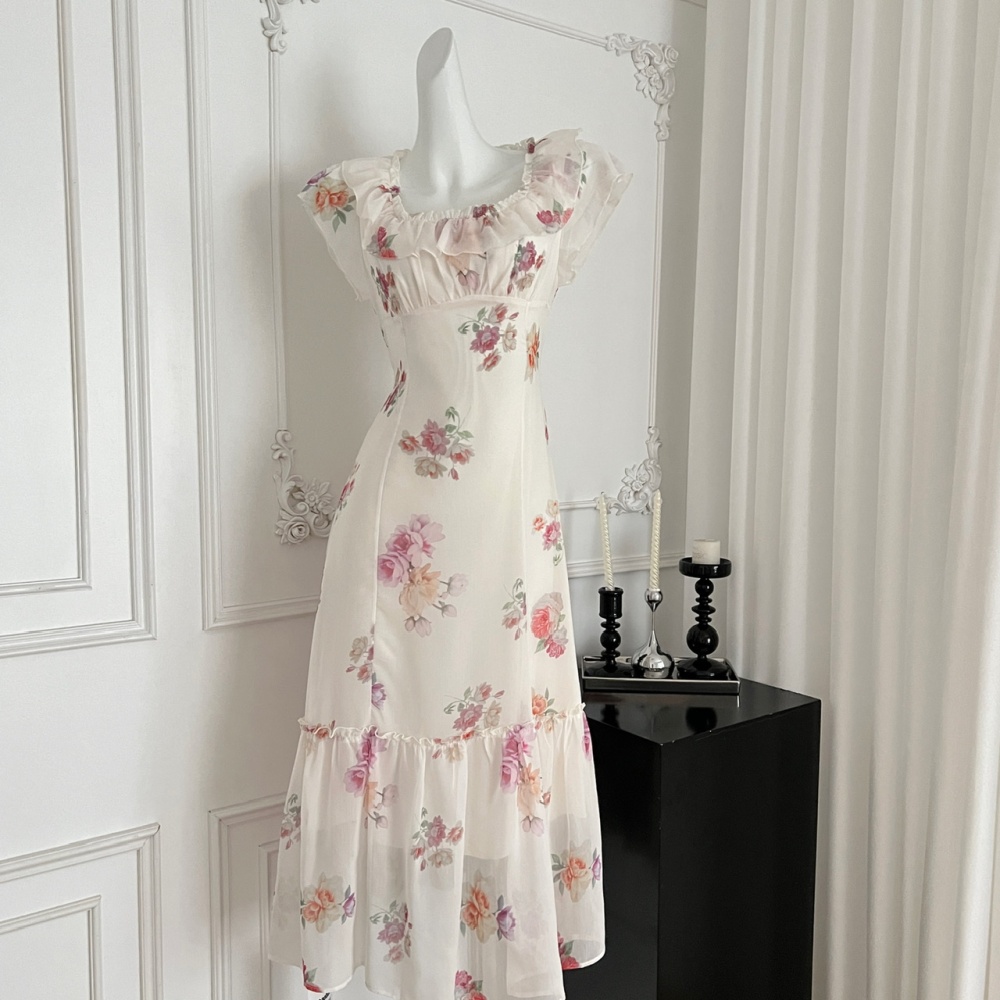 Floral France style tender romantic long dress