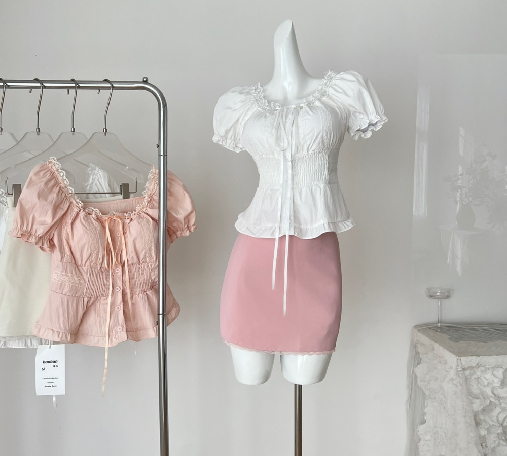 Short sleeve high waist tops swan short skirt a set