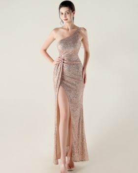 Shoulder banquet sequins beading wedding evening dress