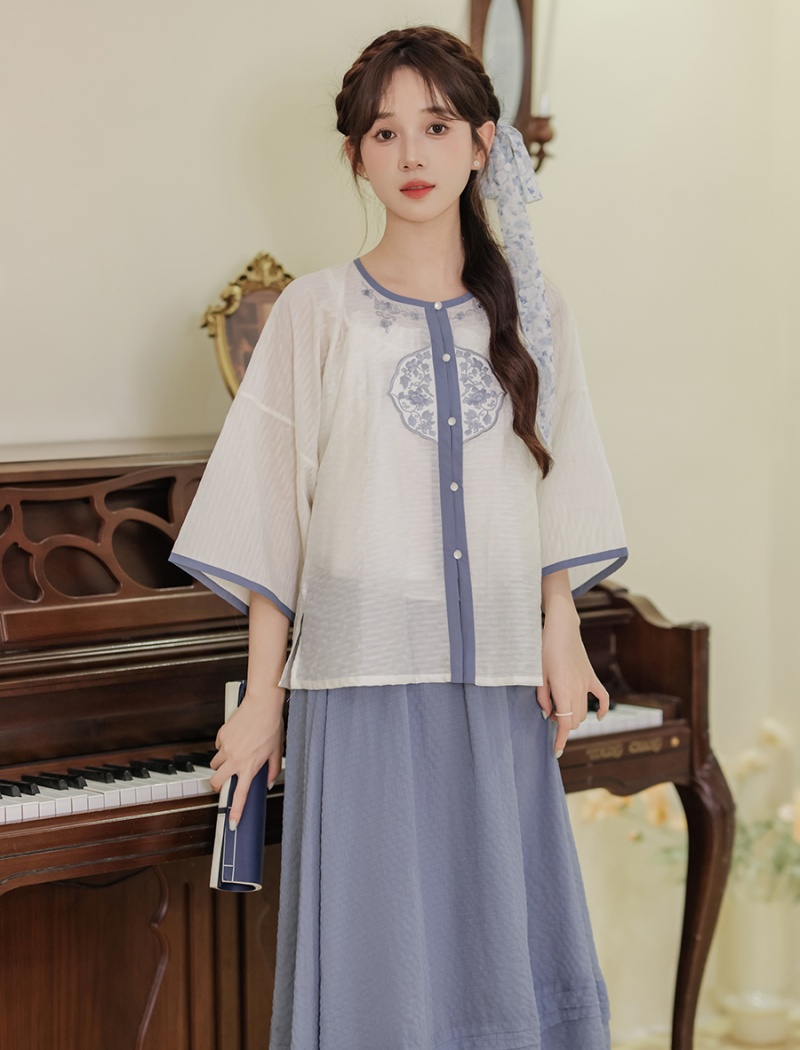 Summer shirts jacquard short skirt 2pcs set for women