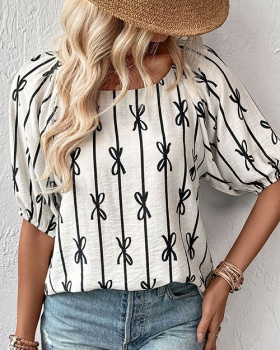 Bow sweet simple summer line square collar shirt for women