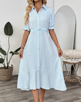 Lapel stripe long dress summer commuting shirt