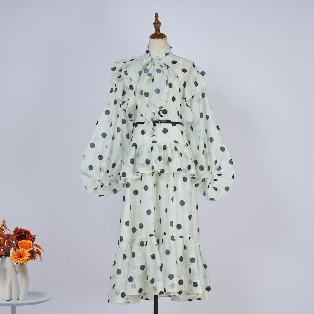 Polka dot tops puff sleeve scarves a set for women