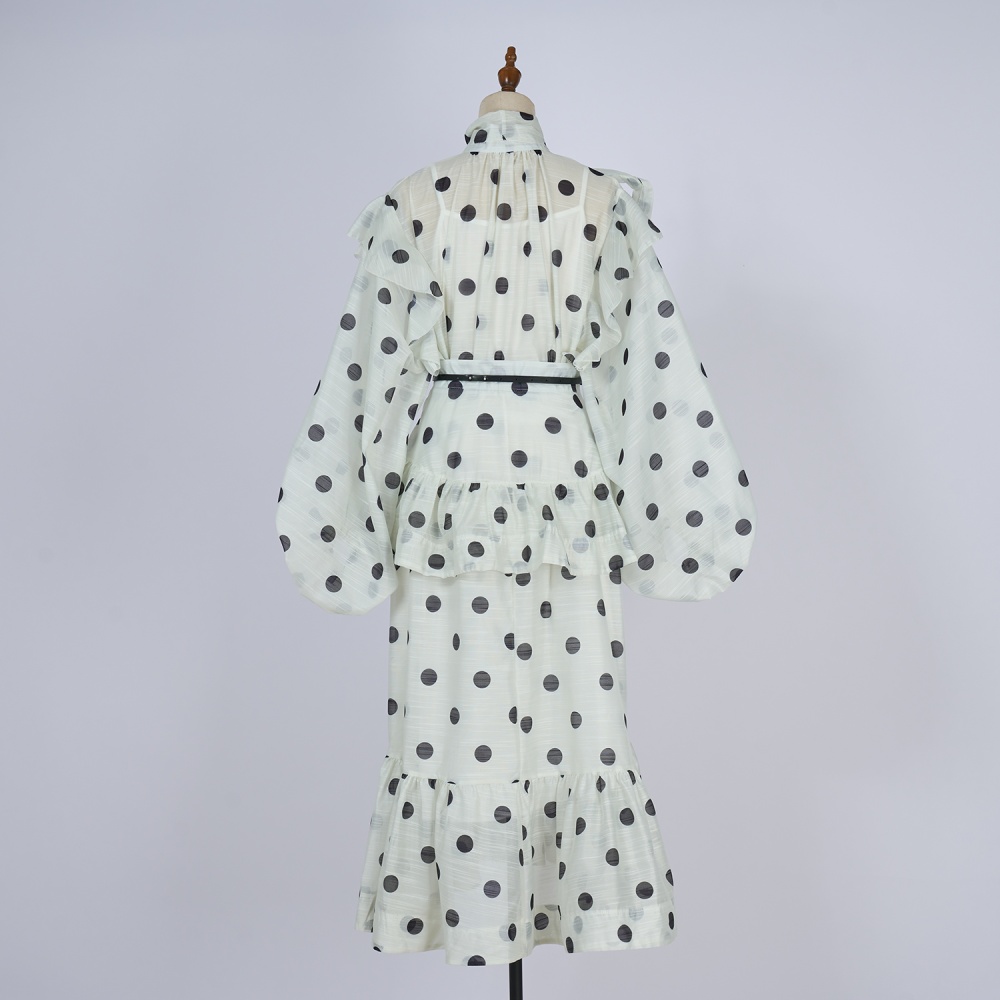 Polka dot tops puff sleeve scarves a set for women