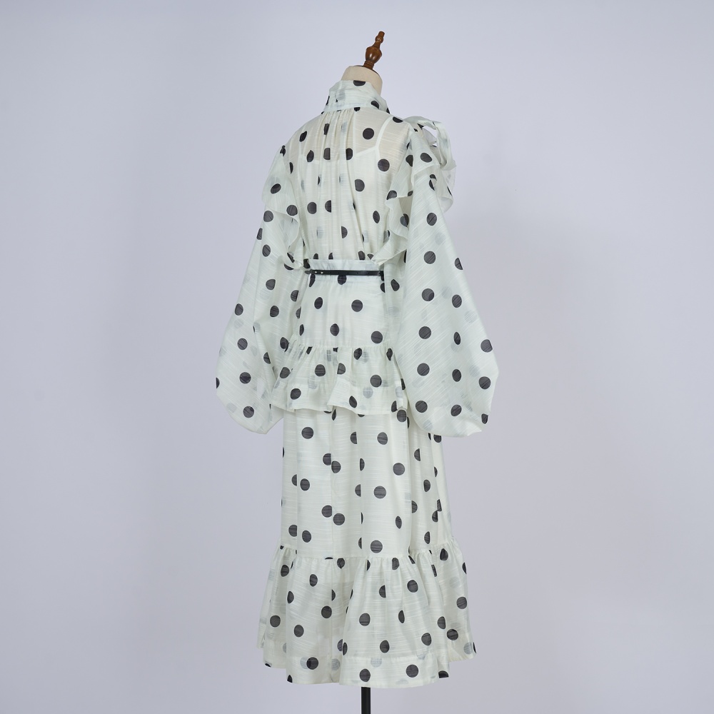 Polka dot tops puff sleeve scarves a set for women