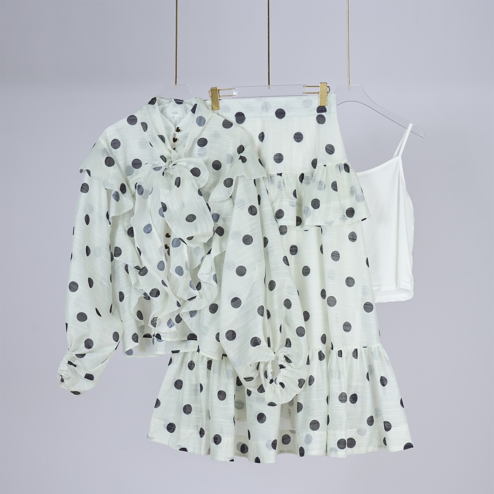 Polka dot tops puff sleeve scarves a set for women
