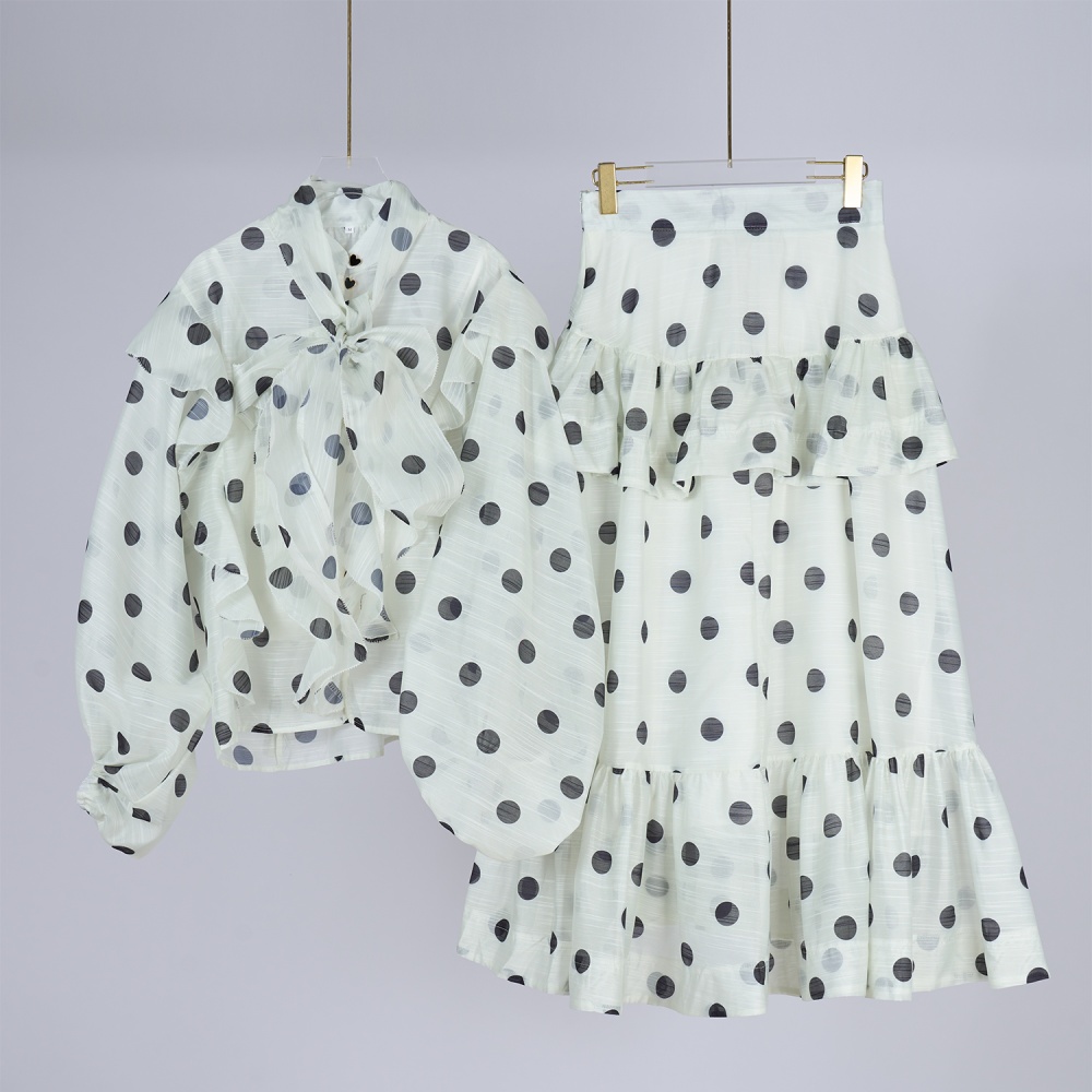 Polka dot tops puff sleeve scarves a set for women