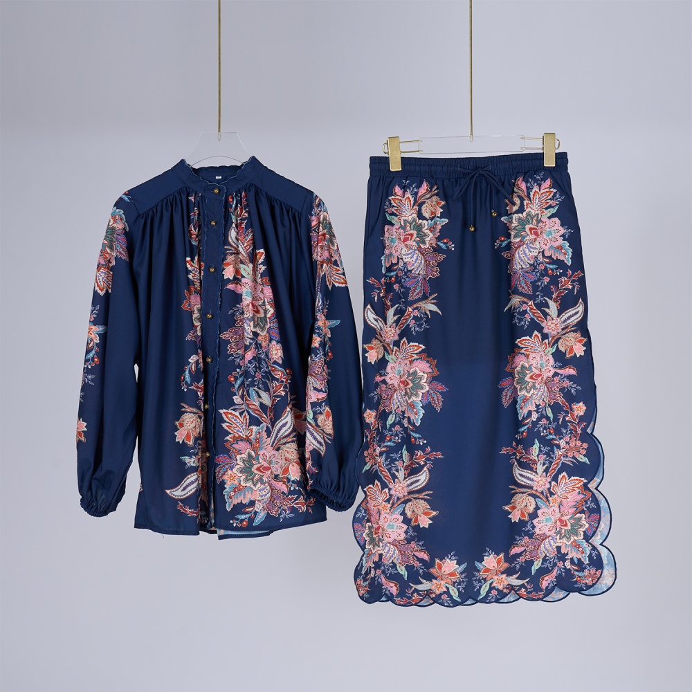 Elegant lantern shirt long sleeve long skirt a set