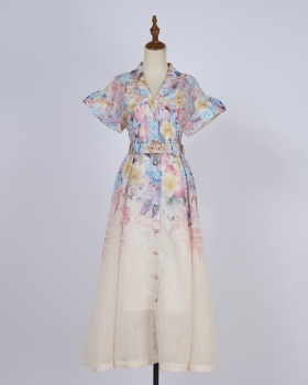 Light luxury street splice silk linen A-line dress 2pcs set