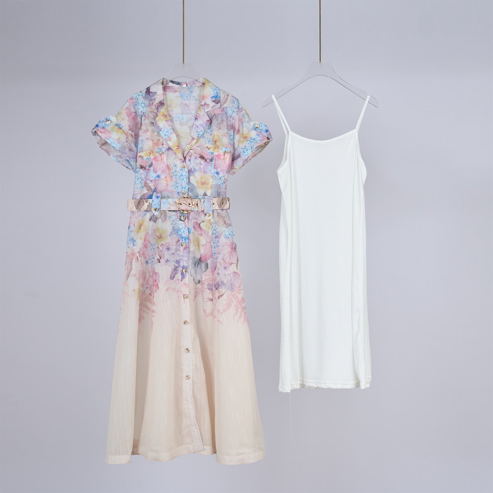 Light luxury street splice silk linen A-line dress 2pcs set