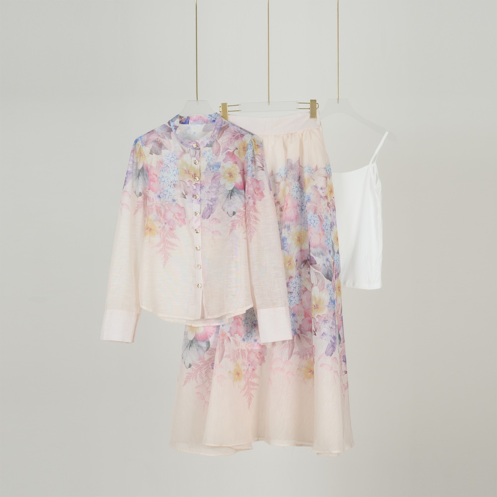 Printing single-breasted slim big skirt long skirt a set