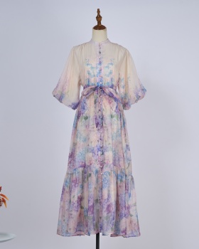 Big skirt ladies short sleeve long dress slim printing dress
