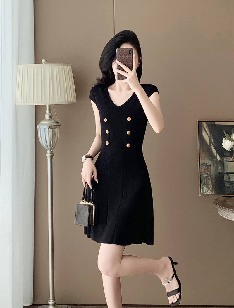 V-neck ice silk Hepburn style dress knitted summer vest for women
