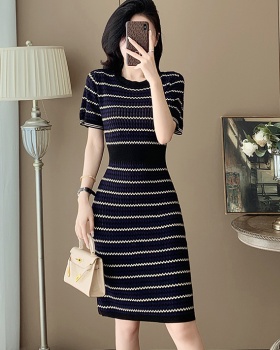Temperament chanelstyle stripe long knitted dress