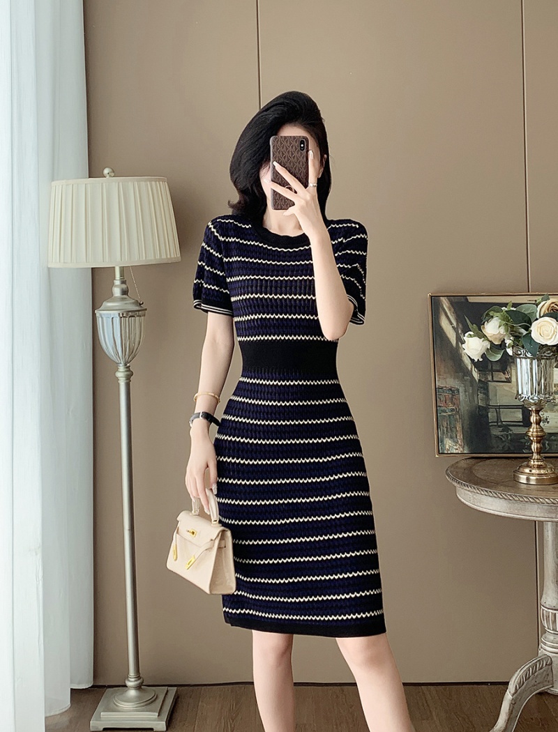 Temperament chanelstyle stripe long knitted dress