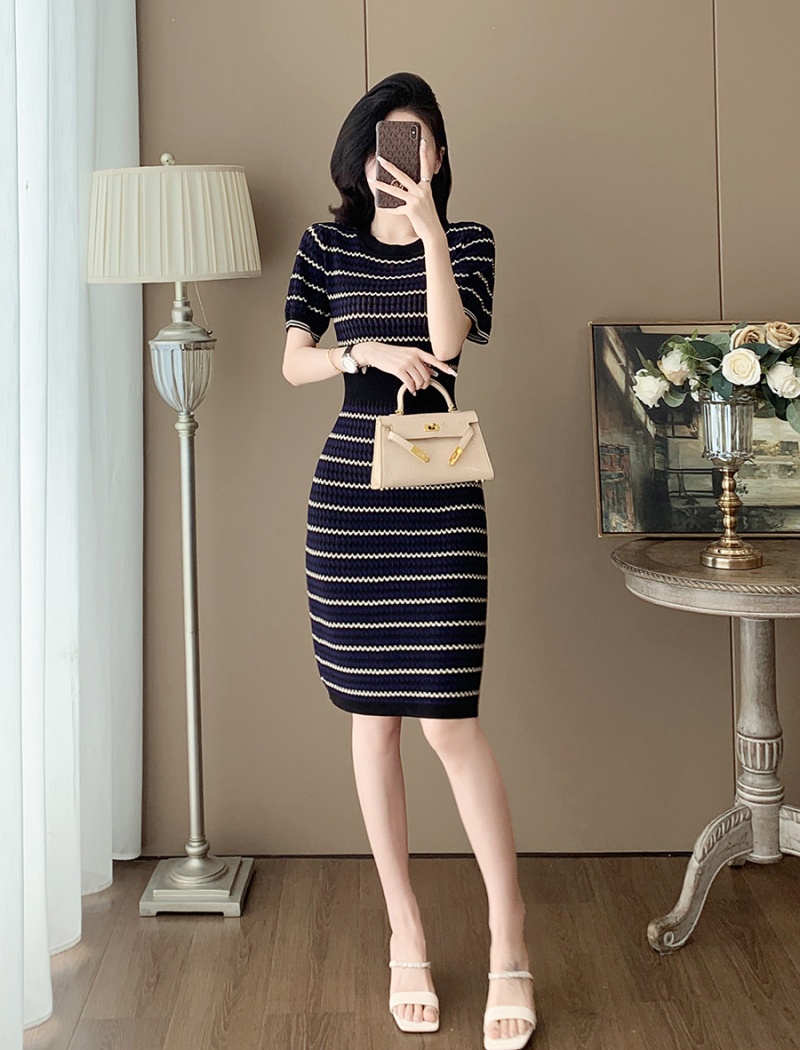Temperament chanelstyle stripe long knitted dress