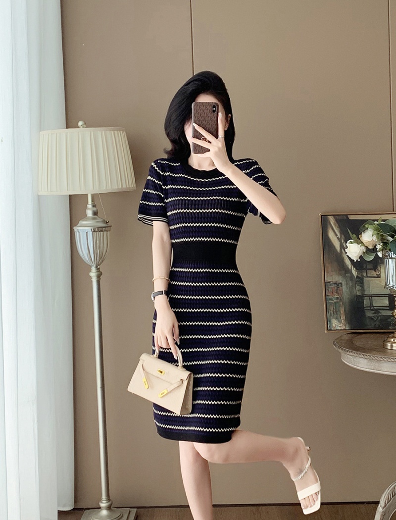 Temperament chanelstyle stripe long knitted dress