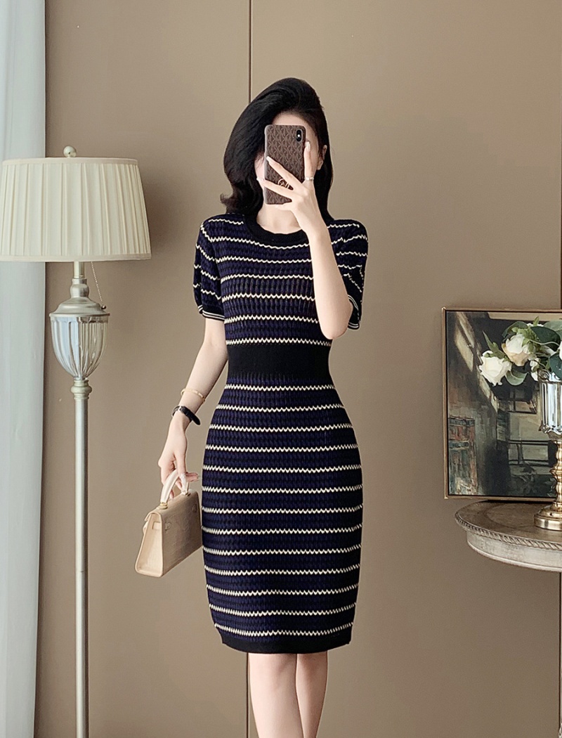 Temperament chanelstyle stripe long knitted dress