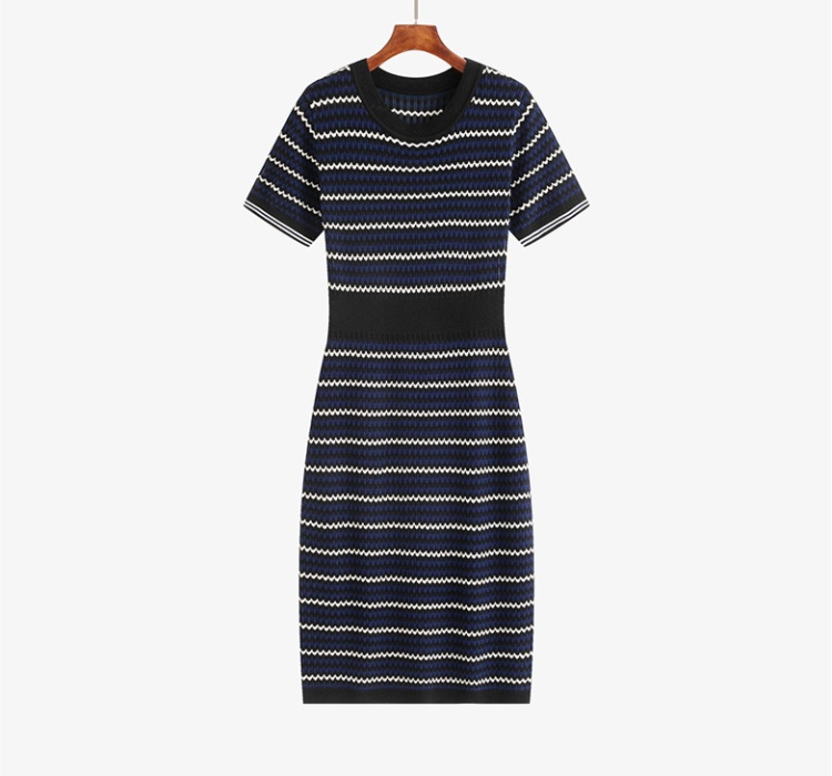 Temperament chanelstyle stripe long knitted dress