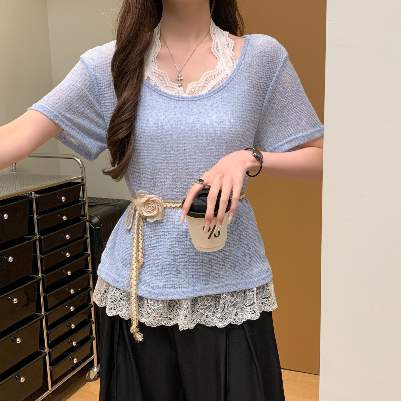 Knitted lace halter tops with belt splice T-shirt for women