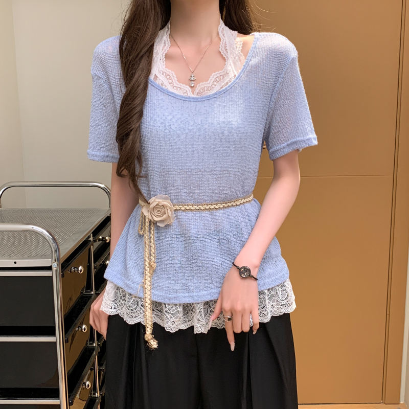 Knitted lace halter tops with belt splice T-shirt for women