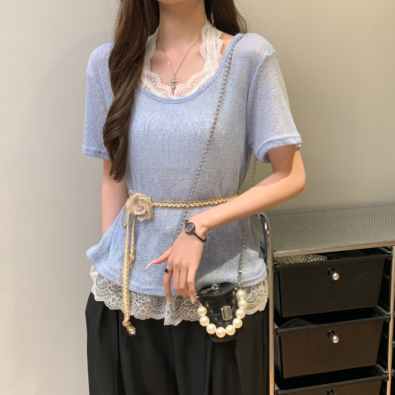 Knitted lace halter tops with belt splice T-shirt for women