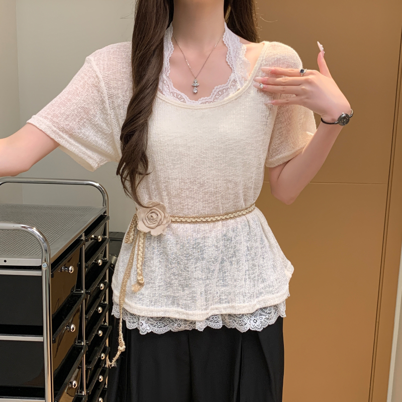Knitted lace halter tops with belt splice T-shirt for women
