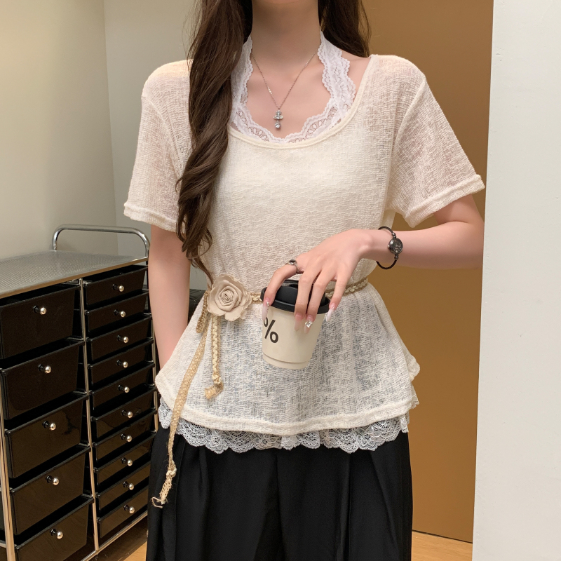 Knitted lace halter tops with belt splice T-shirt for women