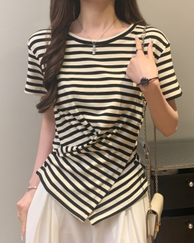 Round neck Western style T-shirt unique stripe tops