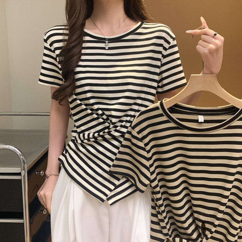 Round neck Western style T-shirt unique stripe tops
