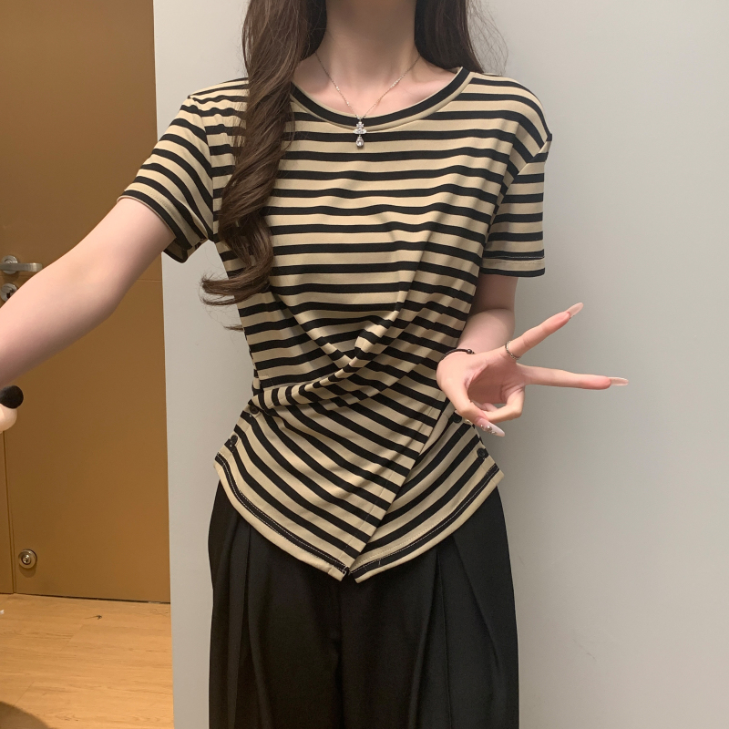 Round neck Western style T-shirt unique stripe tops
