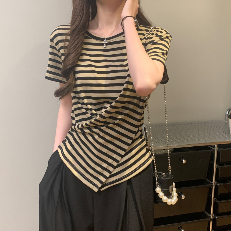 Round neck Western style T-shirt unique stripe tops