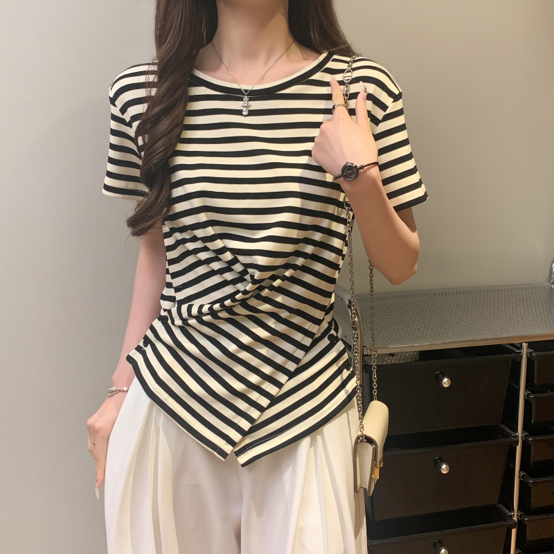 Round neck Western style T-shirt unique stripe tops