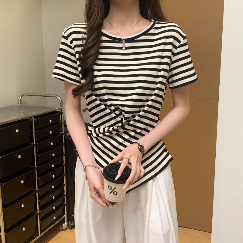 Round neck Western style T-shirt unique stripe tops