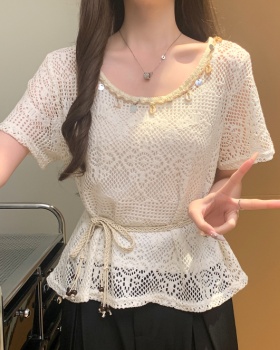 Summer hook flower vest sling lace T-shirt a set for women
