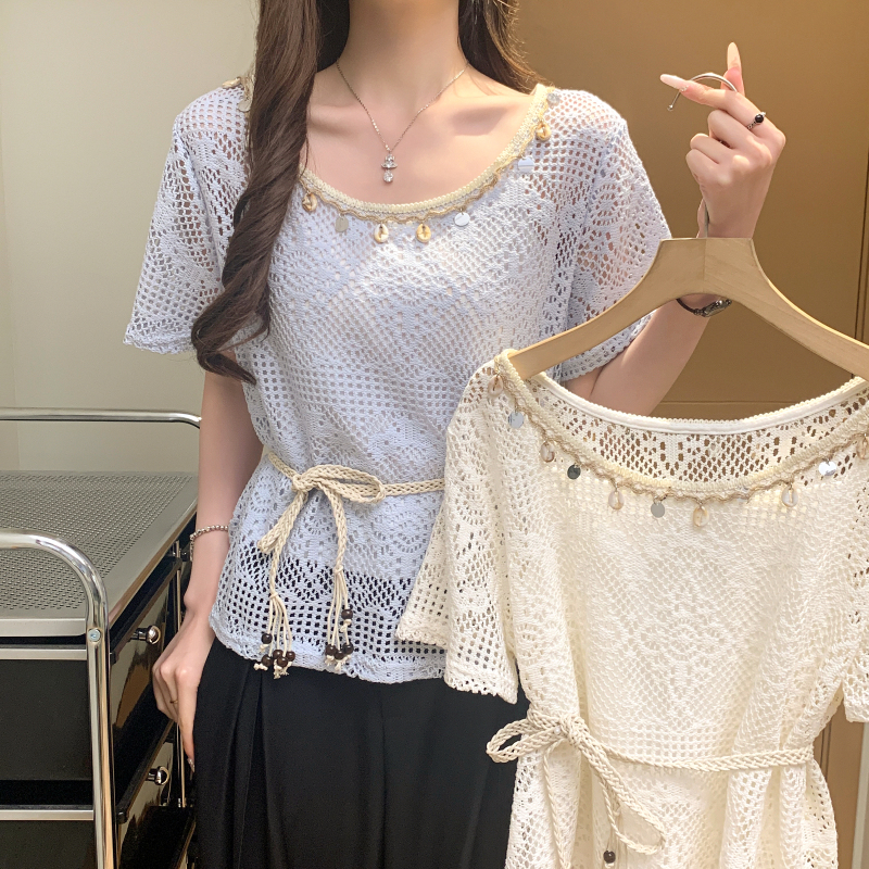 Summer hook flower vest sling lace T-shirt a set for women