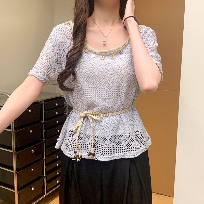 Summer hook flower vest sling lace T-shirt a set for women