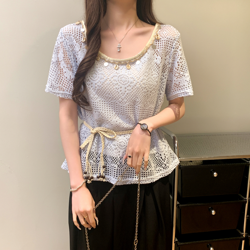 Summer hook flower vest sling lace T-shirt a set for women