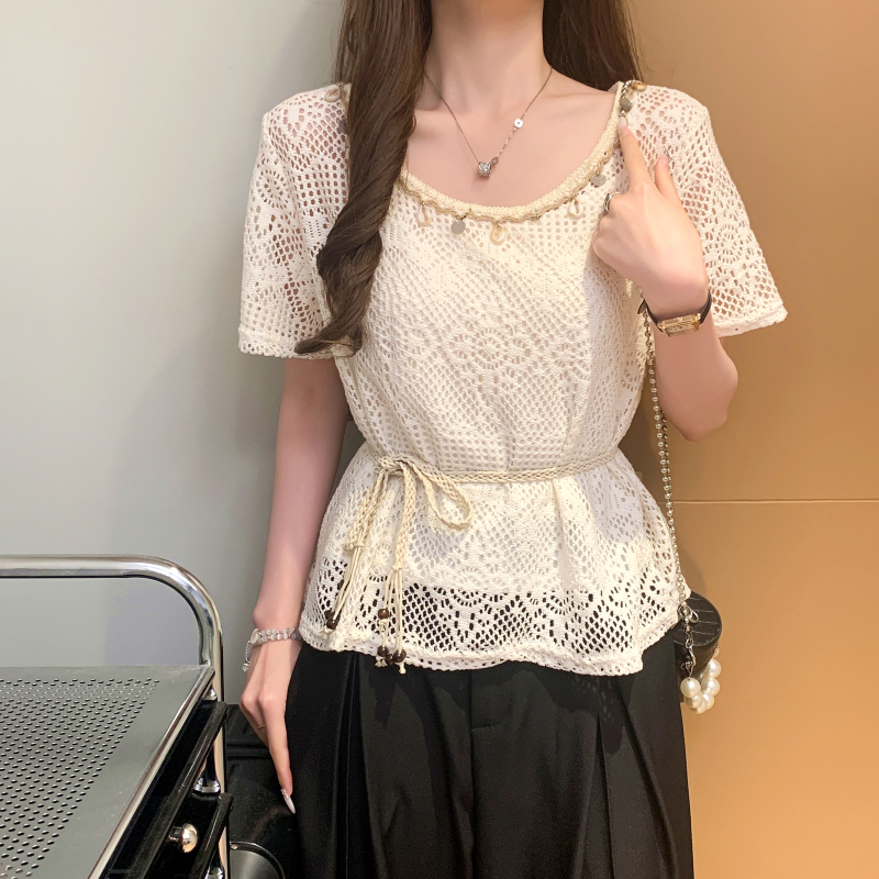 Summer hook flower vest sling lace T-shirt a set for women